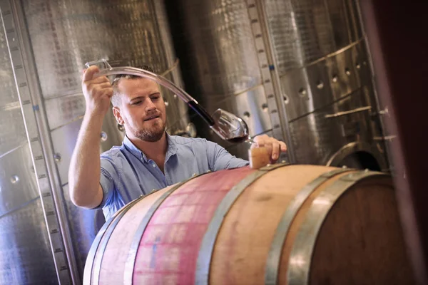 Mijn wijn is gemaakt met zorg, toewijding en liefde. Gehakt schot van een sommelier die een glas wijn recht uit de loop giet. — Stockfoto