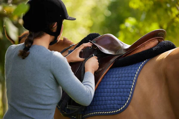 Je ne le dois qu'aux chevaux de bonne nature. Tourné d'une femme méconnaissable se préparant à monter son cheval dans la nature. — Photo