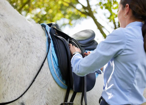鞍までの時間だ。認識できない女が馬に乗る準備をしてる. — ストック写真