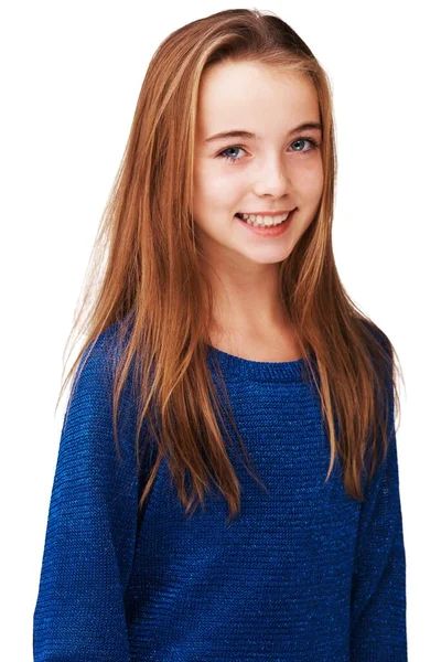 Alkalmi és magabiztos. Portré egy gyönyörű fiatal lány mosolygott a fehér háttér. — Stock Fotó