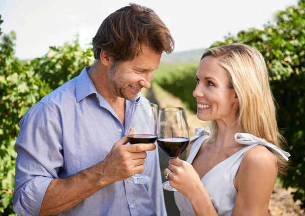 Її винній країні. Знімок щасливої пари, насолоджуючись дегустацією вина в винограднику . — стокове фото
