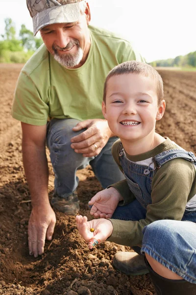 Він любить бруднити руки. Портрет фермера і його сина оглядає насіння в землі . — стокове фото