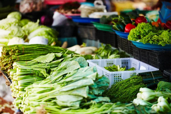 Barraca de legumes tailandesa local. Uma barraca em um mercado tailandês de alimentos frescos embalados com vegetais frescos e verdes. — Fotografia de Stock