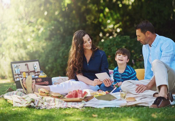 Pranzare fuori e 'fantastico. Foto di una giovane famiglia che usa un tablet digitale durante un picnic nel parco. — Foto Stock