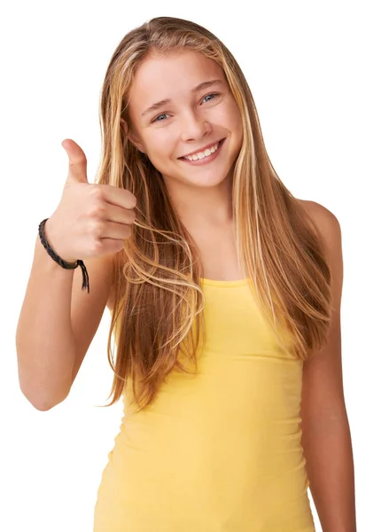 Schválení dospívajících. Portrét pozitivní dospívající dívky izolované na bílém. — Stock fotografie
