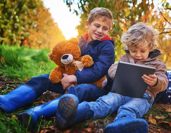 嘿，兄弟你在做什么。秋天，两个可爱的小男孩坐在户外用平板电脑剪下的照片. — 图库照片