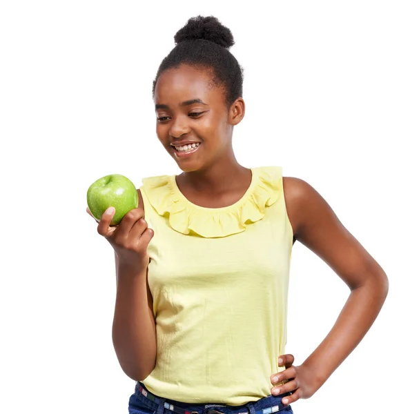 Alma Készülj az evésre. Lelőttek egy fiatal afro-amerikai lányt, kezében egy fehér almával.. — Stock Fotó