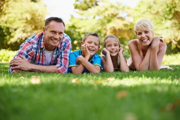 인생에서 가치있는 순간들 이다 · · · 밖의 풀 위에 누워 있는 행복 한 가족의 전면 모습. — 스톡 사진