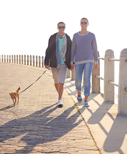 Passeio à beira-mar com a nossa princesinha. tiro de um jovem gay casal aproveitando um passeio no passeio marítimo com seu cão. — Fotografia de Stock