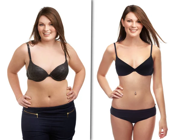 Encontrar a forma shes confortável com. Antes e depois de estúdio tiro de uma perda de peso de mulheres jovens. — Fotografia de Stock