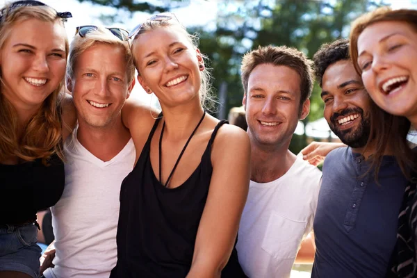 Good friends gathered together. Cropped shot of friends at the Skanderborg festival. — Stock Photo, Image