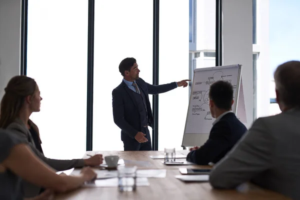 Se podría decir que es un plan infalible. Recorte de un hombre de negocios dando una presentación a sus colegas en una sala de juntas. — Foto de Stock