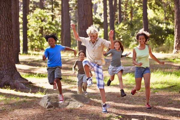 彼らは屋外を楽しむ。森の中で彼らを楽しんでいる若い子供たちのグループのショット. — ストック写真