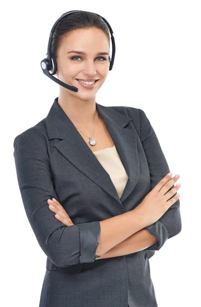 Here to answer any customer question. Studio shot of an attractive customer service representative isolated on white. — Stock Photo, Image