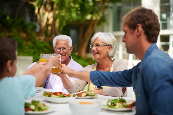 Family get-togethers are so much fun. Shot of a family toasting each other over a lunch outside. — Stock Photo, Image
