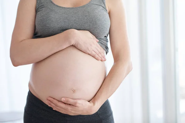 Non vedo l'ora di diventare madre. Colpo ritagliato di una donna incinta in piedi nella sua casa. — Foto Stock