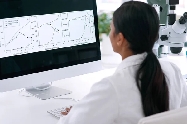 Je compare ses résultats. Vue arrière d'une jeune scientifique méconnaissable travaillant sur son ordinateur dans le laboratoire. — Photo