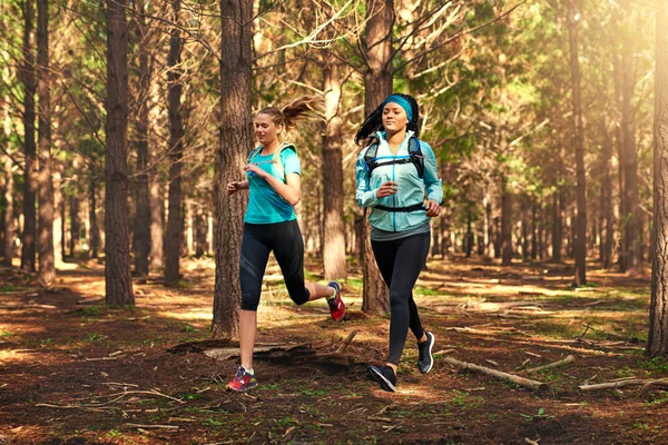 Nosso lugar favorito para se exercitar é na natureza. Tiro de duas jovens esportivas fora exercitando-se na natureza. — Fotografia de Stock