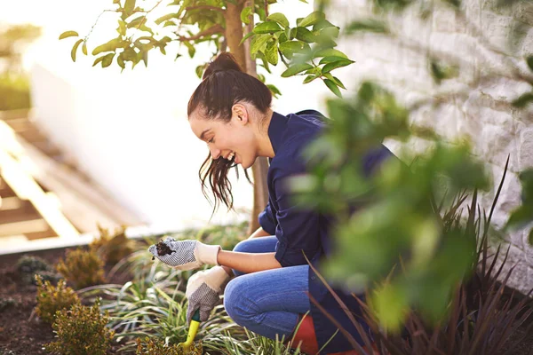 The fine art of soil to soul. Shot of a young woman working in her garden. — Stock Photo, Image