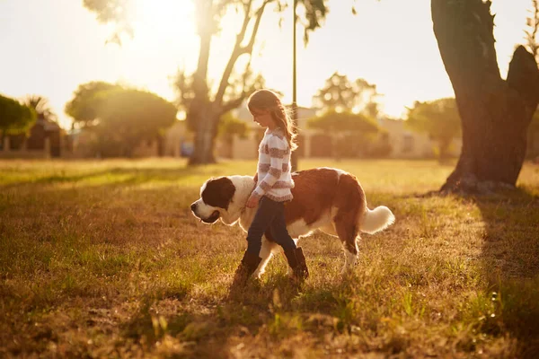 O nereye, o oraya. Parkta köpeğiyle dolaşan sevimli küçük bir kızın fotoğrafı.. — Stok fotoğraf