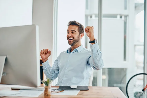 What a victory. Shot of a handsome young businessman doing a fist pump while working on a computer in an office. — Foto de Stock