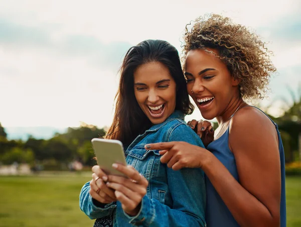 Esta es la aplicación de la que estaba hablando. Recortado disparo de dos atractivas novias jóvenes usando un teléfono inteligente juntos mientras están de pie en un parque. — Foto de Stock