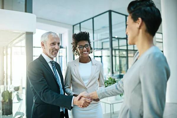 Theyre always happy to add members to the team. Shot of businesspeople shaking hands in an modern office. —  Fotos de Stock