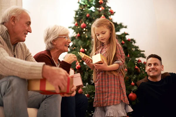 Najlepszym prezentem jest bycie razem. Zdjęcia wielopokoleniowej rodziny wymieniającej się prezentami na Boże Narodzenie. — Zdjęcie stockowe
