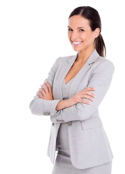 Cem por cento de sucesso é o seu objectivo. Retrato de estúdio de uma mulher de negócios atraente isolado em branco. — Fotografia de Stock