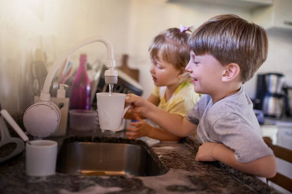 Sie werden super sauber sein, wenn sie fertig sind. Aufnahme von zwei entzückenden kleinen Geschwistern beim gemeinsamen Geschirrspülen in der heimischen Küche. — Stockfoto