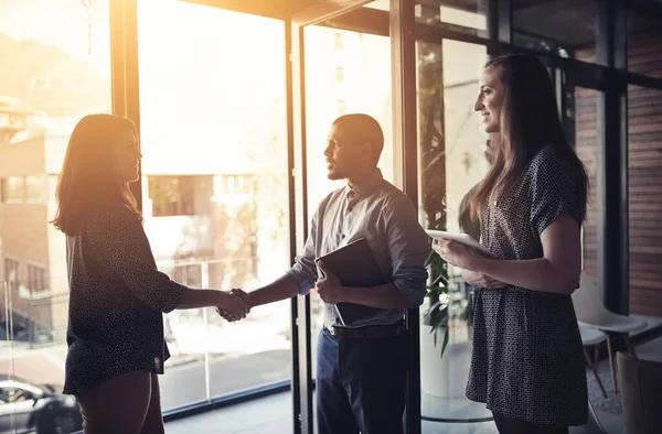 Ser fram emot att göra affärer tillsammans. Beskuren bild av företagare som skakar hand på ett kontor. — Stockfoto