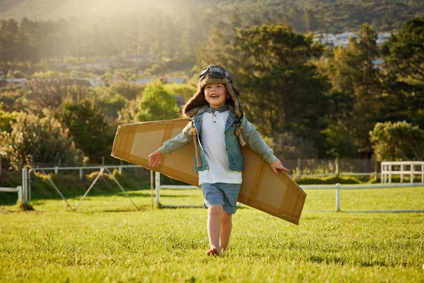 Flying on the wings of imagination. Shot of a cute little boy wearing a pilots hat and goggles while playing with cardboard wings outside. — Stock Photo, Image