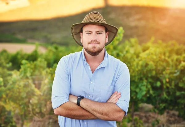 Im my own boss besides for Mother Nature. Cropped shot of a middle-aged farmer posing on a vineyard. — ストック写真