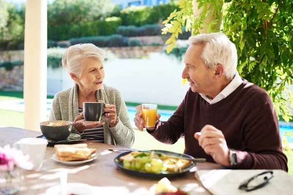Ez a fajta szerelem örökké tart. Egy szerető idős párról, akik együtt vacsoráznak a szabadban.. — Stock Fotó