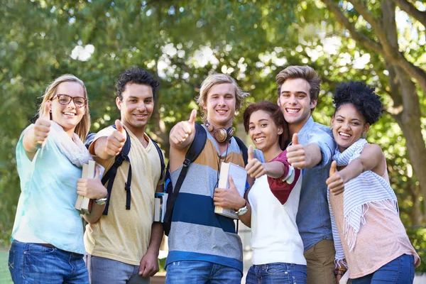 Damos a esta faculdade o nosso carimbo de aprovação. Retrato de um grupo de estudantes sorrindo para a câmera com os polegares para cima. — Fotografia de Stock