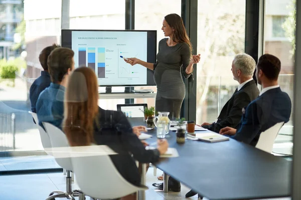 Fazendo um balanço e estabelecendo novos objetivos. Tiro de um empresário corporativo dando uma apresentação na sala de reuniões. — Fotografia de Stock