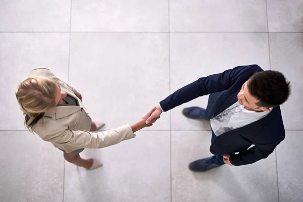 Welkom bij het bedrijf. Hoge hoek schot van twee professionele zakenmensen schudden handen in het kantoor. — Stockfoto