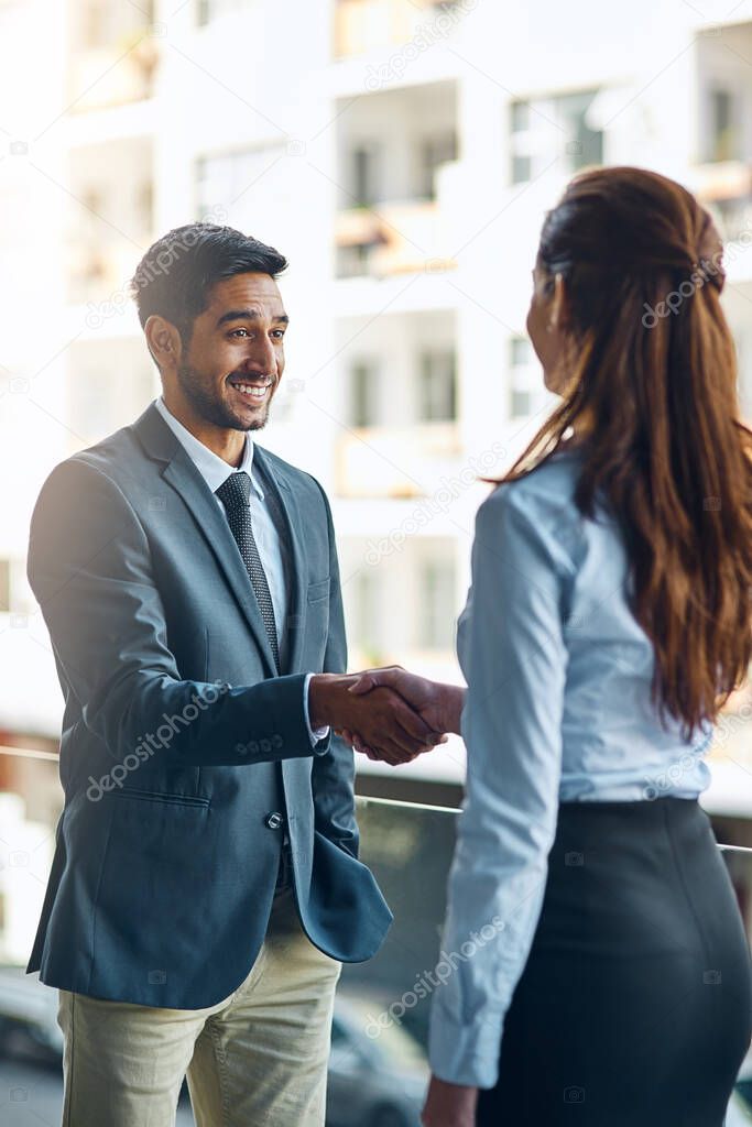 So youre the boss around here.... Shot of two businesspeople shaking hands.