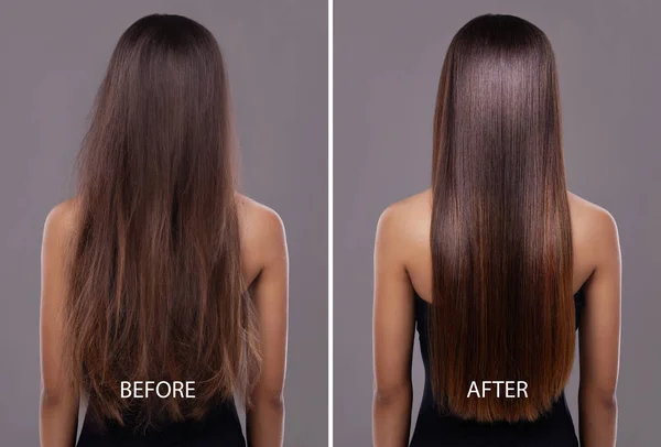 Cabello impecable... gracias a su hierro plano de confianza. Vista trasera de una hermosa joven con el pelo largo. —  Fotos de Stock