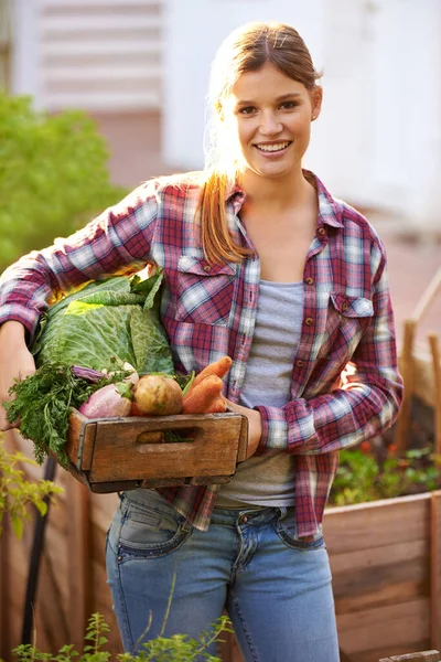 Sei diventato verde. Ritratto di una giovane donna felice con una cassa piena di verdure appena raccolte. — Foto Stock