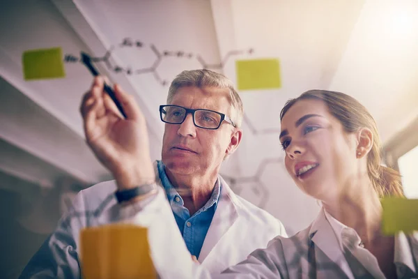 Dává to hodně smysl. Snímek dvou vědců, kteří společně řeší rovnice na skleněné stěně v laboratoři. — Stock fotografie