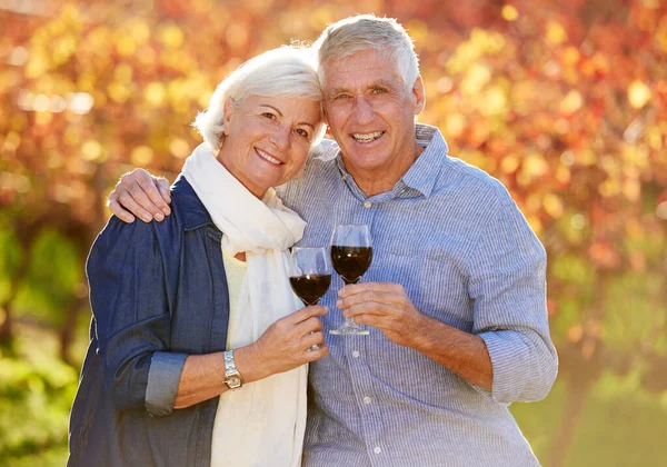 Uwielbiamy degustację wina. Portret starszej pary cieszącej się popołudniową degustacją wina. — Zdjęcie stockowe