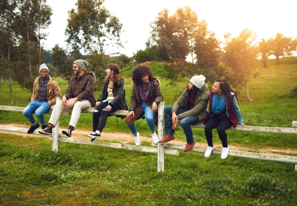 Sortir de la ville pour le week-end. Tournage d'un heureux groupe d'amis assis dans une rangée sur une clôture ensemble. — Photo