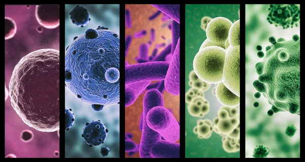 Разноцветные микробы. Комбинированное изображение различных микроорганизмов в цвете. — стоковое фото
