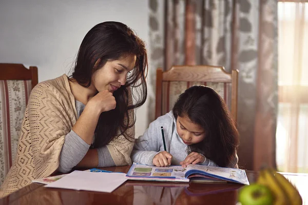 Вот умница. Выстрел матери, наблюдающей за тем, как ее дочь делает домашнее задание. — стоковое фото