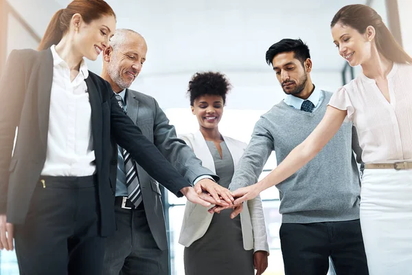 O sucesso é ainda melhor quando compartilhado. Tiro de uma equipe diversificada de colegas juntando as mãos em solidariedade. — Fotografia de Stock