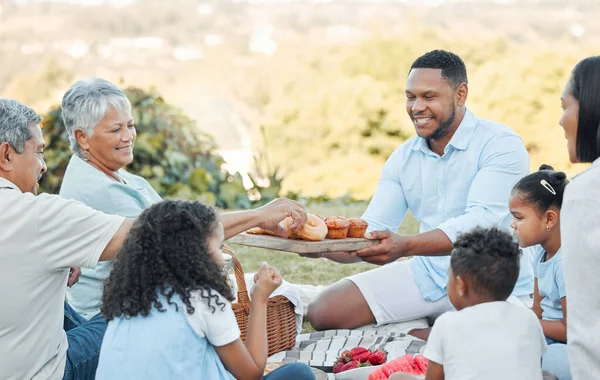 La familia y los amigos son tesoros ocultos. Foto de una familia disfrutando de un picnic en un parque. — Foto de Stock