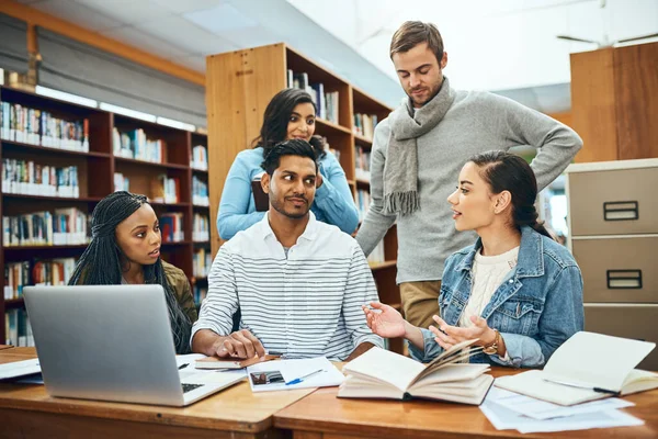 Nous avons tous besoin d'une petite explication de temps en temps. Plan recadré d'un groupe d'étudiants universitaires qui étudient à la bibliothèque. — Photo