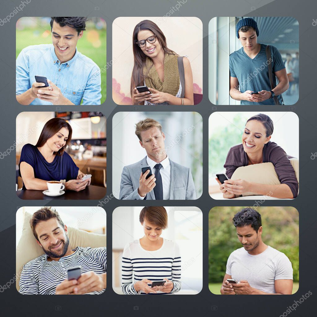 We all stay connected. Composite image of a variety of people text messaging.