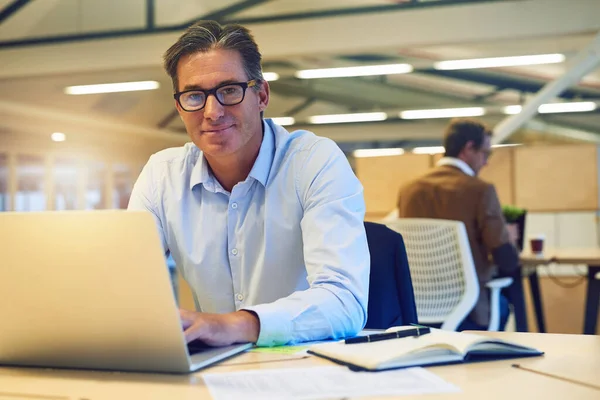 Si quieres que se haga bien, hazlo tú mismo. Retrato de un hombre de negocios trabajador feliz trabajando en su computadora portátil en la oficina. — Foto de Stock
